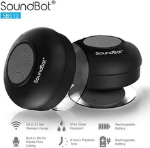 Load image into Gallery viewer, Soundbot SB510 HD Water Resistant Bluetooth Shower Speaker, Handsfree Portable Speakerphone with Built-in Mic, 6hrs of Playtime, Control Buttons and Dedicated Suction Cup for Showers (Black)
