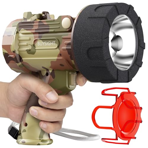 BUYSIGHT Rechargeable Spotlight Flashlight,1500 lumens Hand held Spotlight Waterproof Flashlight Hunting Lamp with red Filter (Camouflage Grey)