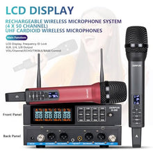 Load image into Gallery viewer, ZERFUN Rechargeable Wireless Microphone System 4 Channel Pro, UHF Handheld Cordless Mics with VOL Echo Treble BASS Control, LCD Display, Frequency Lock, XLR, 1/4, 1/8 Output, D-300, Grey&amp;Red
