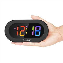 Load image into Gallery viewer, REACHER Small Digital Rainbow LED Alarm Clock with Snooze, Easy to Use, Full Range Brightness Dimmer, Adjustable Alarm Volume, Outlet Powered, Compact Clock for Bedroom, Bedside, Desk, Shelf…
