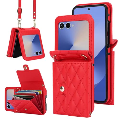 XIMAND for Samsung Galaxy Z Flip 7 Accordion Crossbody Wallet Case, 4 Card Slots, RFID Blocking, and Adjustable Strap - Stylish and Versatile Accessory.(Red)