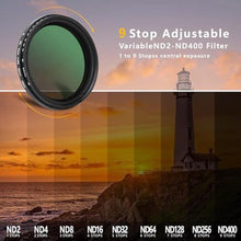 Load image into Gallery viewer, 52MM Variable ND2-ND400 Filter, Ultra Slim Multi-Coated Adjustable Neutral Density Filter, Clip-on Phone Lens ND Filter Kit, Compatible for iPhone 15 14 13 12 11, Google Pixel and Other Smart Phones_3141
