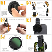Load image into Gallery viewer, 52MM Variable ND2-ND400 Filter, Ultra Slim Multi-Coated Adjustable Neutral Density Filter, Clip-on Phone Lens ND Filter Kit, Compatible for iPhone 15 14 13 12 11, Google Pixel and Other Smart Phones_3144
