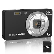 Load image into Gallery viewer, 56MP FHD Digital Camera with 20X Digital Zoom &amp; Autofocus, Anti-Shake Point and Shoot Camera for Kids Adults Beginners, Includes 32GB SD Card, Portable Compact for Travel, Black_1
