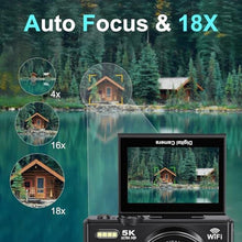 Load image into Gallery viewer, 5K Digital Camera for Photography - 75MP WiFi Vlogging Camera for YouTube - UHD 18X Zoom Digital Cameras with Flip Screen 3" 180 - Travel Flash Camara with 32GB SD Card for Beginners &amp; Adults, Black_399
