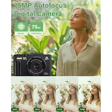 Load image into Gallery viewer, 5K Digital Camera for Photography, 75MP WiFi Vlogging Camera for YouTube, 18X Zoom UHD Autofocus, 3" 180 Flip Screen, Video Camera with 32GB SD Card &amp; 2 Batteries, Black_3839
