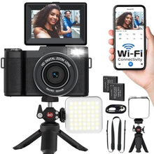 Load image into Gallery viewer, 5K Digital Camera with WiFi 64MP Autofocus Full HD Vlogging Camera for YouTube Point and Shoot Camera with Flip Screen Photography Cameras for Beginners with Selfie Light, Mini Tripod, Batteries, Black_1
