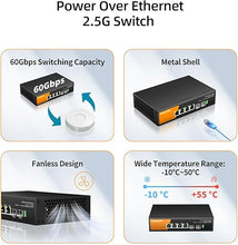 Load image into Gallery viewer, 6 Port 2.5G PoE Switch Unmanaged, 4 x 2.5G Base-T PoE Ports @72W, 2 x 10G SFP, IEEE802.3af/at, Metal Housing Fanless Desktop or Wall Mount
