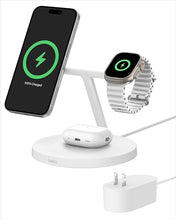 Load image into Gallery viewer, Belkin MagSafe-Compatible Charger, 3-in-1 Wireless Charging Station, Qi2-Certified 15W Wireless Charger for Apple iPhone 16 Series, Apple Watch, AirPods w/Non-Slip Base, 40W Charger Included - White
