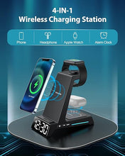 Load image into Gallery viewer, Wireless Charging Station - 4 in 1 Wireless Charger with Alarm Clock, Charging Stand Dock for iPhone 16 15 14 13 12 11 X 8 Samsung Phone, for AirPods 4 3 Pro, Apple Watch 9/8/7/6/5/SE/4/3/2
