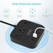 Load image into Gallery viewer, European Travel Plug Adapter, FOVAL EU UK US Power Strip with USB C and 4 USB Ports, 3 AC Outlets, Wall Mountable, 5ft Extension Cord, Compact for Travel, Cruise Ship, Home Office (Black)
