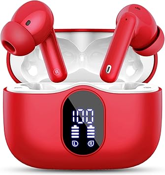 Wireless Earbuds Bluetooth 5.3 Headphones Bass Stereo Ear Buds with Noise Cancelling Mic LED Display in Ear Earphones IP7 Waterproof 36H Playtime for Laptop Pad Phones Sports Workout Red