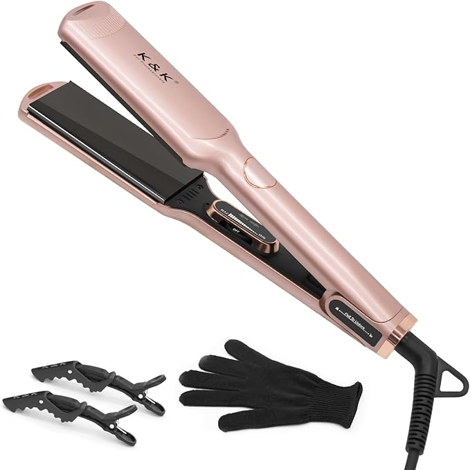 K&K 1 3/4 inch Flat Iron Hair Straightener with Electroplate Titanium Adjustable Temp High Heat 450 Degrees 30s Instant Heats up Tourmaline Ionic with PTC Technology Auto Shut Off?Pink