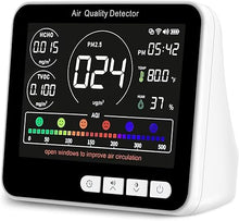 Load image into Gallery viewer, 14 in 1 Air Quality Monitor Indoor with Beep Alarm, 6 AQI Air Quality Detector with PM1.0|PM2.5|PM10|HCHO|TVOC|AQI|Temperature|Humidity|Time for Home, Hotel, Office, Car, Battery Powered Air Monitor
