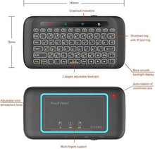 Load image into Gallery viewer, Mini Wireless Keyboard,H20 Mini Keyboard with Touchpad,Backlit Small Wireless Keyboard,Full Size Touchpad,Handheld IR Remote Keyboard for Android TV Box Windows PC,HTPC,IPTV,PC,Raspberry Pi
