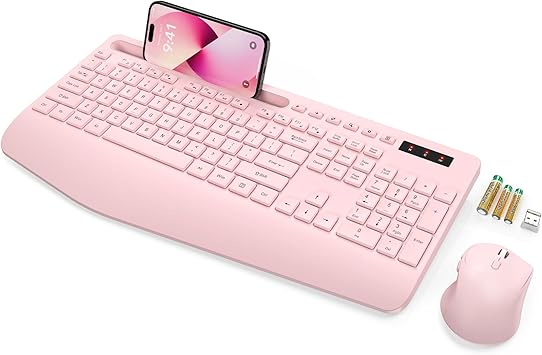 SABLUTE Wireless Keyboard and Mouse, Wrist Rest, Phone Holder, Batteries Included, 2.4G Lag-Free Ergonomic Keyboards Mouse Combo, Silent Keyboard Cordless Set for Computer, Laptop, PC, Windows, Pink