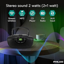 Load image into Gallery viewer, Philco Boombox Portable CD Player with Bluetooth, USB Playback and CD Player is Compatible with MP3/WMA/CD-R/CD-RW CDs, Auxiliary Input, Stereo Sound
