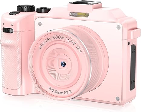 4K Digital Camera for Photography and Video, 64MP Auto-Focus Anti-Shake Vlogging Camera with 20X Digital Zoom, Flash, Compact Travel Camera with 64GB TF Card, 2 Batteries and Battery Charger, Pink