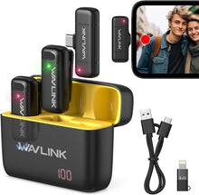 Load image into Gallery viewer, WAVLINK Wireless Lavalier Microphone for iPhone Android Vlog, Clip on Lapel Dual Mic System &amp; Lightning &amp; USB-C Inputs &amp; Battery Case for YouTube Facebook Live, Video Recording(2*TX+1*RX)
