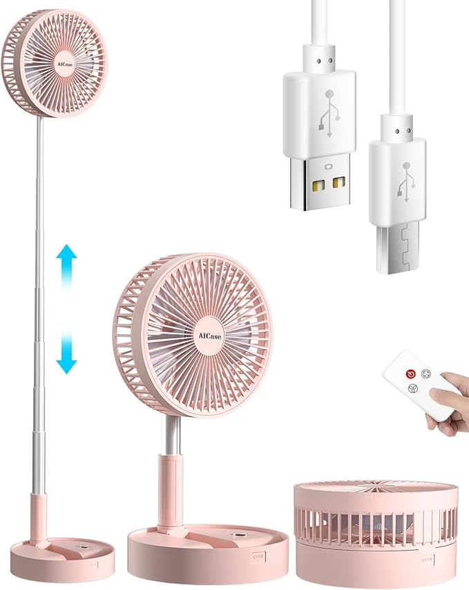 AICase Stand Fan,Folding Portable Telescopic Floor/USB Desk Fan with 10800mAh Rechargeable Battery,4 Speeds Super Quiet Adjustable Height and Head Great for Office Home Outdoor Camping-pink