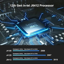 Load image into Gallery viewer, VENOEN Fanless Mini PC Win 11 Pro Industrial PC 12th Gen in-tel J6412 Processor, 8G DDR4 256G M.2 SSD Office Home Industrial Mini Computer, 2xHD+DP Triple Display/2xLan/2xRS232 COM/WiFi/BT 4.2
