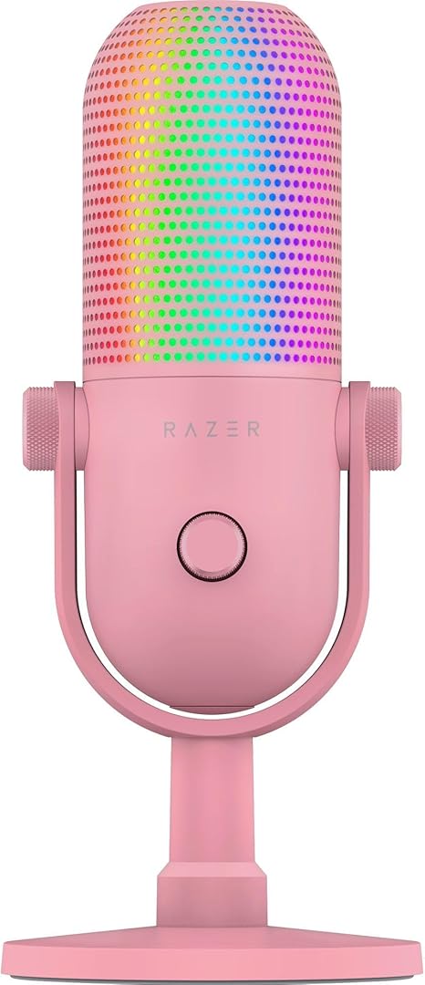 Razer Seiren V3 Chroma RGB USB Microphone: Stream & Game Reactive Lighting - Tap-to-Mute Sensor - Condenser Mic - Digital Gain Limiter & Shock Absorber - PC, Discord, OBS Studio, XSplit - Quartz Pink