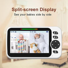 Load image into Gallery viewer, Upgrade Baby Monitor with 30-Hour Battery, 5&quot; Large Split-Screen Video Baby Monitor with 2 Cameras and Audio, Remote Pan/Tilt/Zoom, Two-Way Talk, Room Temperature, Auto Night Vision
