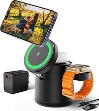 Load image into Gallery viewer, 2025 Upgrade 3 in 1 Charging Station for Apple MagSafe Charger, Adjustable Portable Wireless Charging Stand, Fast Wireless Charger Dock for iPhone 16 15 14 13 12 Pro Max &amp; Apple Watch AirPods (Black)
