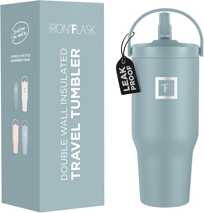 IRON °FLASK Sidekick Insulated Water Tumbler with Straw & Foldable Handle -Stainless Steel Leak-Proof Bottle, Non-Slip Base & Fits Cup Holders for Hot, Cold Drinks - Travel Mug - 30 Oz, Elemental Gray