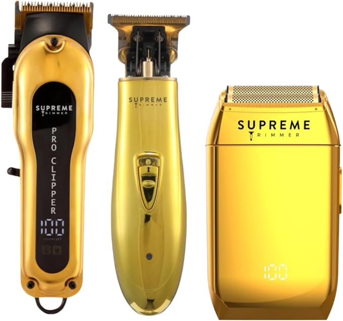 Supreme Trimmer 3-in-1 Barber Bundle | Pro Clipper, T-Shaper Trimmer & Crunch Foil Shaver | Professional Beard Trimmer Men’s Hair Clipper Kit | Gold