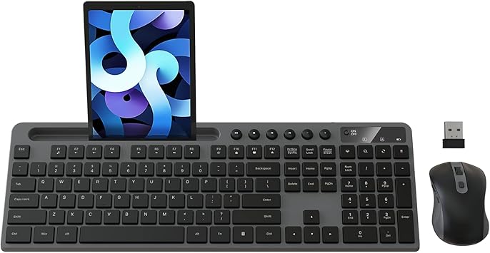 Wireless Keyboard and Mouse Combo, MARVO 2.4G Ergonomic Wireless Computer Keyboard with Phone Tablet Holder, Silent Mouse with 6 Button, Compatible with MacBook, Windows (Grey)