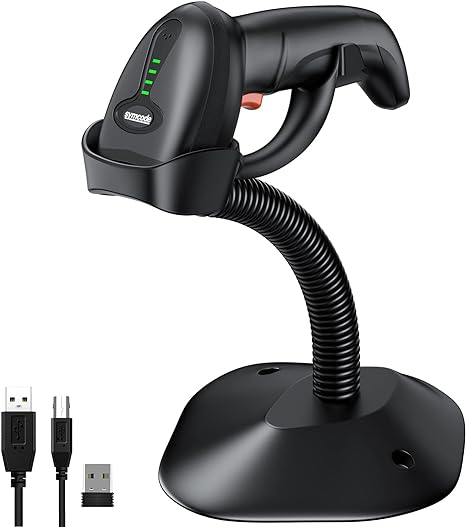 Symcode Bluetooth Wireless Barcode Scanner with Auto-Sensing Stand,Putting on Stand to Scan Automatically Sense Scanning 2D QR Bluetooth Barcode Scanner with Battery Level Indicator More-to-one Mode