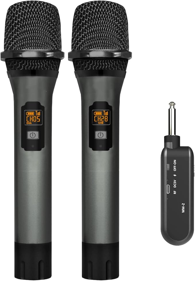 VeGue Wireless Microphone, UHF Cordless Dual Handheld Dynamic Mic Set with Rechargeable Receiver, for Karaoke Party, Voice Amplifier, PA System, Singing Machine, Church, Wedding, Meeting, 200ft (WM-2)