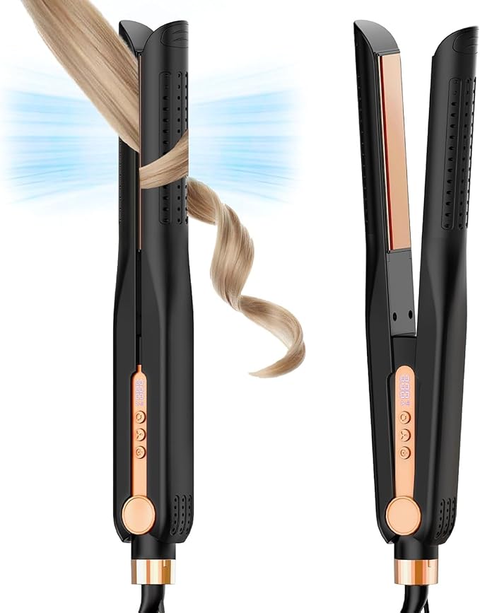 SKIMI Airflow Styler, Titanium Flat Iron Hair Straightener & Curler, Professional Curling Wand with Cooling Air Vents to Lock in Style, 5 Temps & Dual Voltage(Copper).