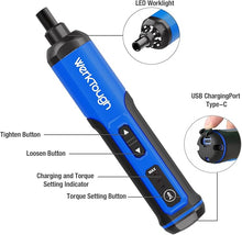 Load image into Gallery viewer, Werktough 4V Mini Electric Cordless Screwdriver with 3-Gear Torque 5Nm Power 25pc Screwdriver Bits S2 LED Light USB Charging Home Improvement S026
