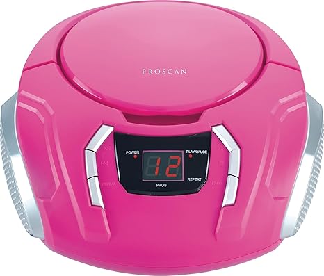 PROSCAN ELITE Portable CD Player Boombox with AM/FM Radio + Built in Speakers + Aux Input to Phone/Headphones/Any Audio - CD Players for Home Using AC Adapter or C Batteries, Pink