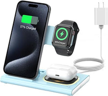 Load image into Gallery viewer, 3 in 1 Foldable Charging Station for Apple Products,Fast Wireless Charger Travel Dock Adapter&amp;Light for iPhone 16/15/14/13/12/11/X/XS,for iWatch 10/9/8/7/Ultra2/Ultra/SE,for AirPods 4/3/2/Pro/2(Blue)
