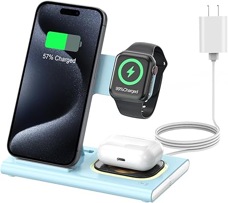 3 in 1 Foldable Charging Station for Apple Products,Fast Wireless Charger Travel Dock Adapter&Light for iPhone 16/15/14/13/12/11/X/XS,for iWatch 10/9/8/7/Ultra2/Ultra/SE,for AirPods 4/3/2/Pro/2(Blue)