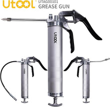 Load image into Gallery viewer, UTOOL Grease Gun, 8000 PSI Heavy Duty Pistol Grip Grease Gun Kit with 14 oz Capacity, 18 Inch Resin Flex Hose, 2 Basic Coupler, 2 Extension Rigid Pipe and 1 Sharp Type Nozzle, Argent Matte Finish
