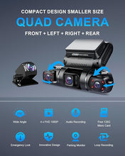 Load image into Gallery viewer, PRUVEEO 360 Degree View 4 Channel Dash Cam Front and Rear Inside Left Right, Dash Camera for Cars, Built-in GPS WiFi Night Vision, 24/7 Recording Parking Mode Monitor, Free 128G Card
