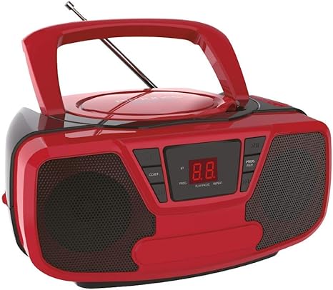 Riptunes CD Player Portable Boombox - AM/FM Radio, Bluetooth Boombox with Aux Line-in, Red and Black