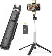 Load image into Gallery viewer, 41” Selfie Stick Tripod Quadrapod with 2 Rechargeable Fill Light, Extendable Tripod with Bluetooth Remote, Stainless Steel, 3 Light Modes, 9 Brightness Levels, Compatible for All iPhone &amp; Android
