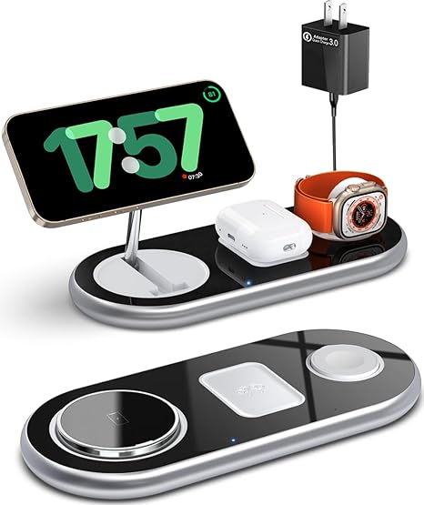 2025 Upgraded 3 in 1 Charging Station for Apple Devices, Fast Magnetic Mag-Safe Wireless Charger Stand for iPhone 16/15/14/13/12 Series & Apple Watch 1-9/Ultra & AirPods Pro (Silver)