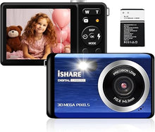 Load image into Gallery viewer, Digital Camera for Photography, Rechargeable 30MP 1080P Point and Shoot Camera with 2.8&quot; LCD 18X Digital Zoom for Kids Teens Elders(Blue)
