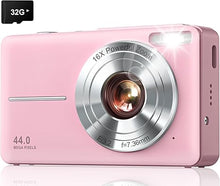 Load image into Gallery viewer, Digital Camera, Upgraded FHD 1080P Kids Camera with 32GB Card, 16X Zoom Time Stamp Anti Shake, Lanyard, 44MP Compact Portable Small Point and Shoot Camera for Kid Student Children Teen Girl Boy(Pink)
