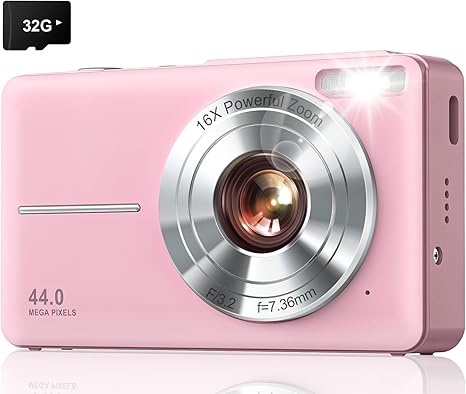 Digital Camera, Upgraded FHD 1080P Kids Camera with 32GB Card, 16X Zoom Time Stamp Anti Shake, Lanyard, 44MP Compact Portable Small Point and Shoot Camera for Kid Student Children Teen Girl Boy(Pink)