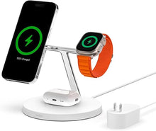 Load image into Gallery viewer, Belkin MagSafe Charger, 3-in-1 Wireless Charging Stand, 2ND GEN, 33% Faster for Apple Watch, iPhone 16, iPhone 15, iPhone 14 Series, AirPods - MagSafe Charging Station for Multiple Devices - White
