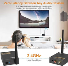 Load image into Gallery viewer, YMOO 2.4Ghz Wireless Audio Transmitter Receiver,48kHz/24bit HiFi Audio,20ms Ultra Low Latency,320ft Long Range RCA Jack Adapter for Speaker/soundbar to TV/PC/CD Player/Computer/Projector
