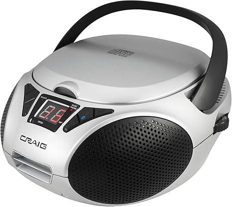 Craig CD6925 Portable Top-Loading Stereo CD Boombox with AM/FM Stereo Radio Bluetooth Wireless and AUX Port (Silver, Bluetooth)