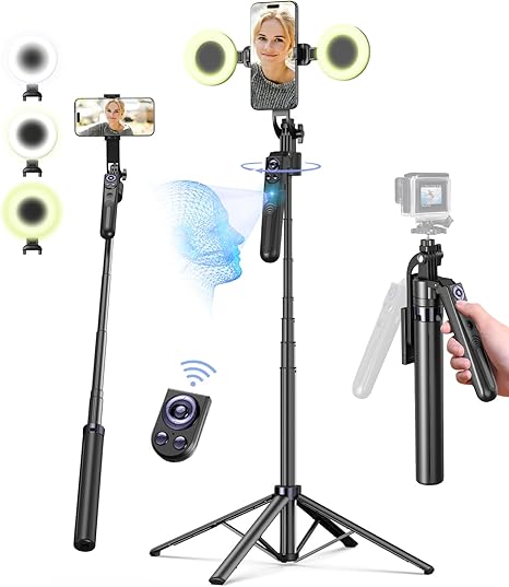 71” Auto Face Tracking Tripod for iPhone with Light,360° Rotating Phone Stand with Rechargeable Remote Control for TikTok Vlog Video Recording, Phone Tripod for Android Camera/GoPro/Ring Light